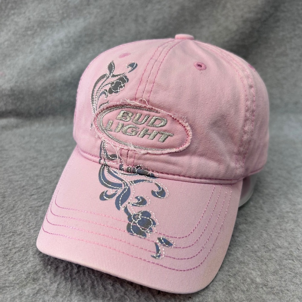 Bud Light Floral Women Pink Bud Light Hat Distressed Logo Adjustable OSFM